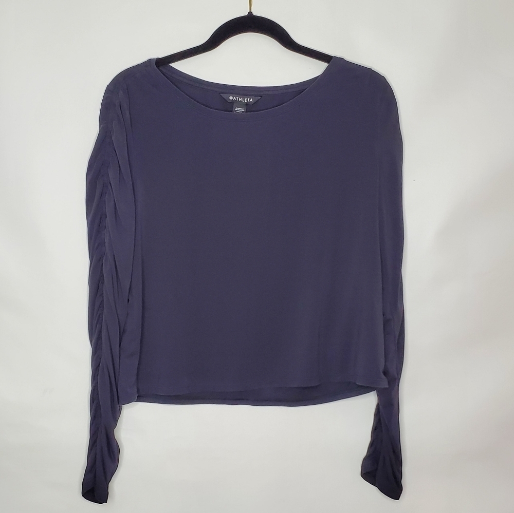Athleta All Around Top Size L Ruched Sleeves Black Stretch Lightweight Pullover‎